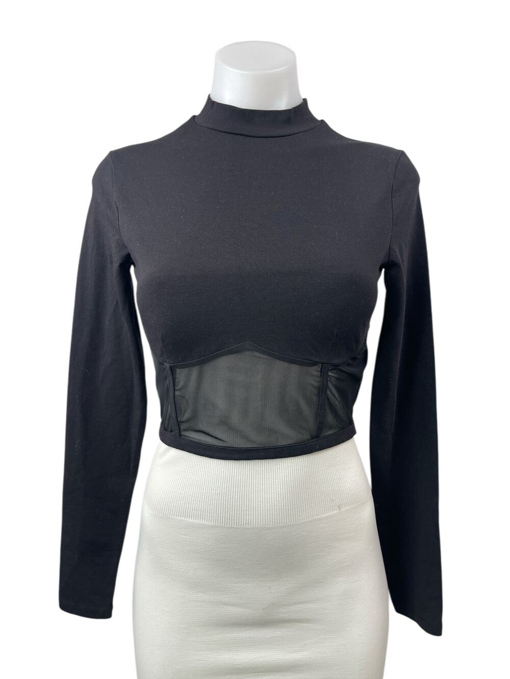 NA-KD Women's Black Long Sleeve Mock Neck Mesh Corset Bustier Crop Top Size S